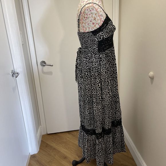 Papillon Womens Dress S Bohemian Sleeveless Maxi White Black V-neck Flowy - Picture 2 of 11